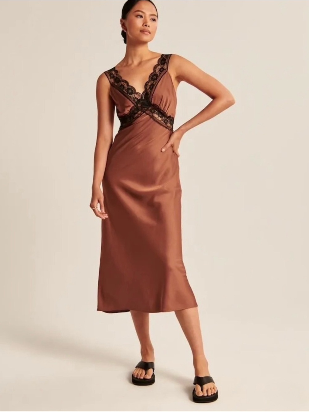 Abercrombie & Fitch Black Lace Trim Satin Slip Midi Dress in Brown Sz Small NWT